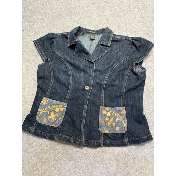 Ashley Stewart Shirt Jacket Woman’s Sz 14 Short Sleeve 1 Button Dark Wash Denim - Picture 1 of 7